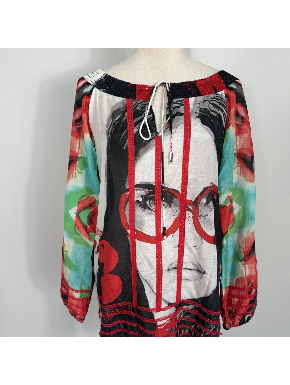 Womens Y2K Custo Barcelona Face Graphic Dress Abstract Fringe Silk Blend Size 2 - Picture 3 of 9